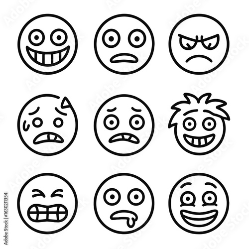 Madness Faces Icons. Outline icon set of madness faces: crazed smile, wide open eyes, furrowed brow, sweating forehead, biting lip
