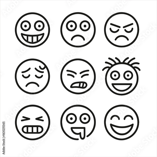 Madness Faces Icons. Outline icon set of madness faces: crazed smile, wide open eyes, furrowed brow, sweating forehead, biting lip