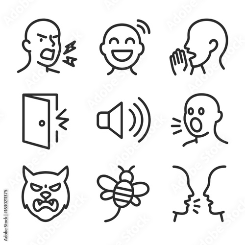 Madness Sound Icons. Outline icon set of madness sound effects: screaming, laughter, whispers, banging, echoes, shrieks, growling,