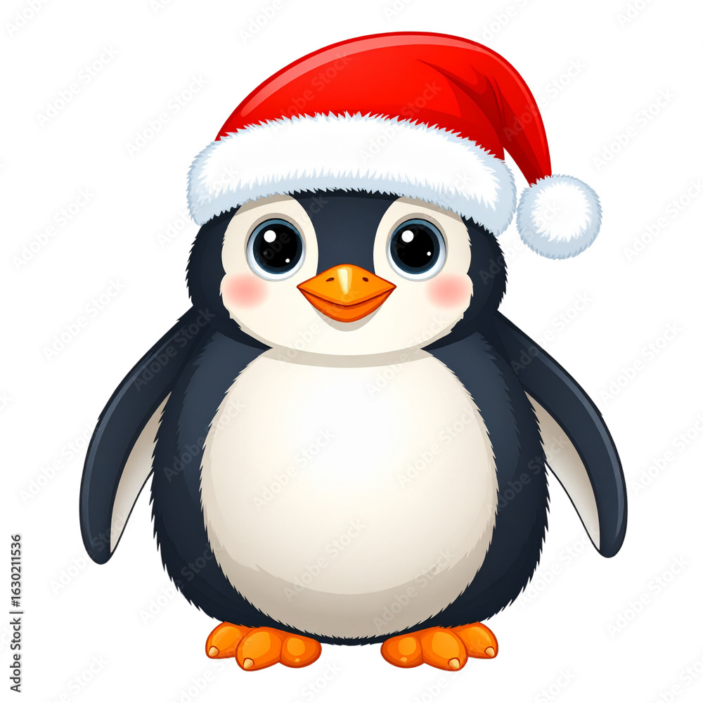 Fototapeta premium Cute Standing Penguin Wearing Santa Hat, Front View, Isolated on Transparent Background