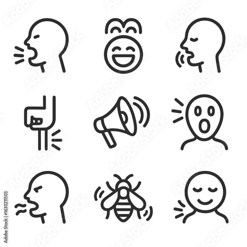 Madness Sound Icons. Outline icon set of madness sound effects: screaming, laughter, whispers, banging, echoes, shrieks, growling,