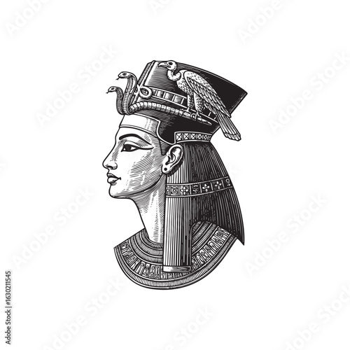 Beautiful Egyptian queen woodcut engraving vector illustration