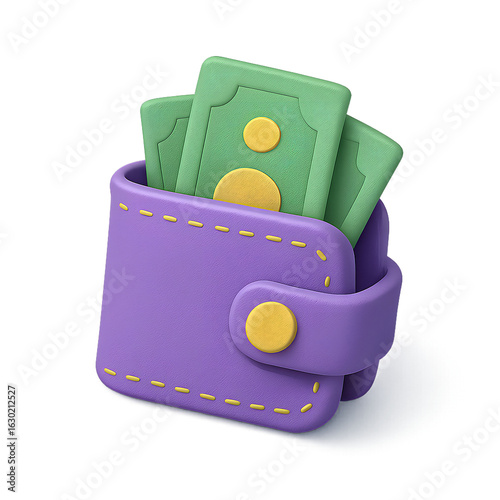 3D illustration of a purple wallet with green dollar bills sticking out, isolated on transparent background. Concept of money, personal finance and digital payments
