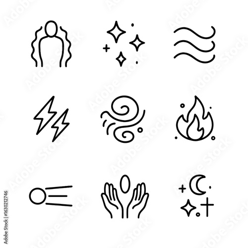 Mage Energy Icons. Outline icon set of mage energy effects: glowing aura, sparkles, magical waves, lightning, swirling mist, fire