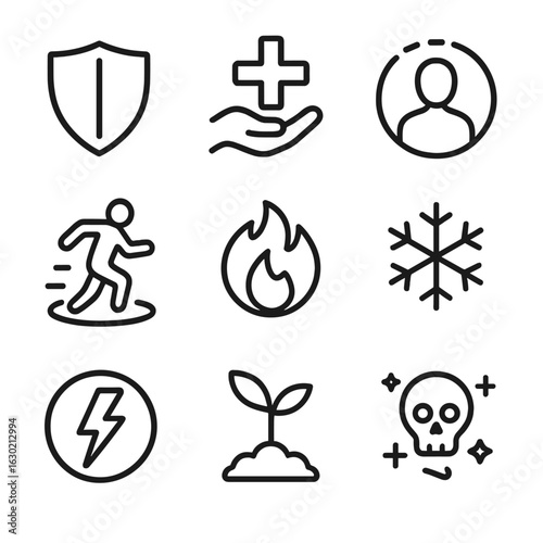 Magic Icon Collection. Outline icon set of spell outcomes: shield, healing, invisibility, teleportation, fire, ice, thunder,