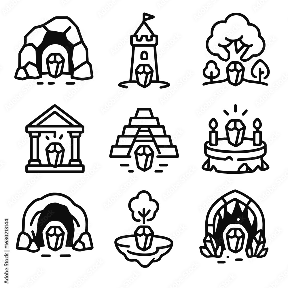 Fototapeta premium Magic Stone Locations. Outline icon set of magic stone locations: ancient cave, wizard tower, enchanted forest, sacred shrine,