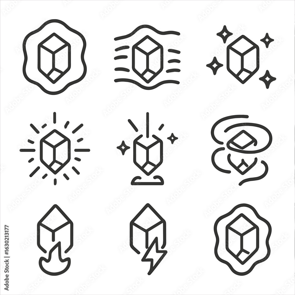 Obraz premium Magic Stone Icon Set. Outline icon set of magic stone effects: aura glow, energy wave, sparkles, magical burst, light beam,