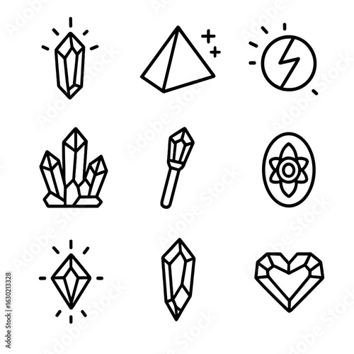 Magical Crystal Icons. Outline icon set of magical crystals: glowing shard, healing prism, energy orb, quartz cluster, crystal