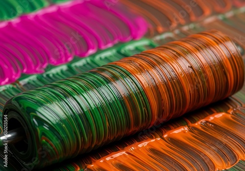 Close-up of colorful paint rollers.