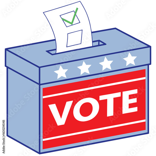 Voting ballot box with red vote sign and white stars