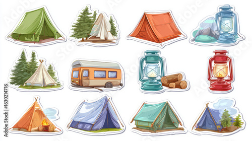 Camping Adventure Stickers: Colorful Vector Illustrations