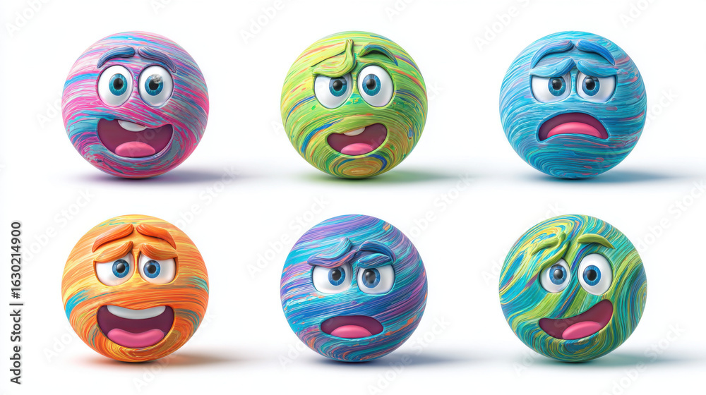Fototapeta premium Emotion Balls: Expressive Marble Spheres with Happy, Sad, and Angry Faces