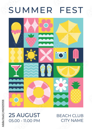 Summer fest poster template, geometric style. Background for print, card, poster, flyer