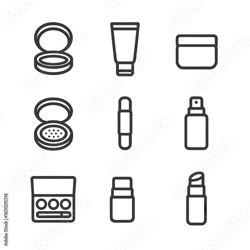 Makeup Icons Grid. Outline icon set of makeup containers: compact case, squeeze tube, pump bottle, makeup jar, cushion case,