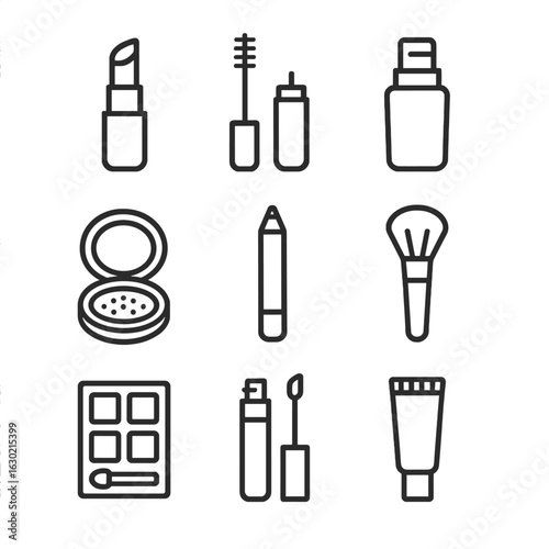 Makeup Icon Grid. Outline icon set of makeup essentials: lipstick, mascara, foundation bottle, compact powder, eyeliner pencil,