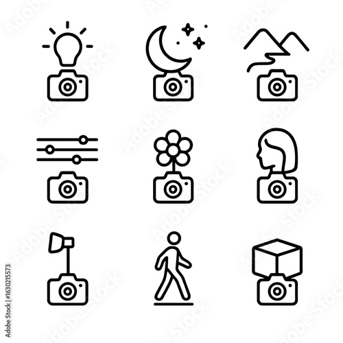 Manual Photography Icons. Outline icon set of manual shooting scenarios: low-light manual icon, astrophotography manual icon, long