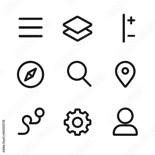 Map Interface Icon Set. Outline icon set of map interface controls: menu, layers, zoom slider, compass, search, pin drop, route,
