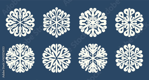 Snowflakes set. White snowflakes on blue background. Winter decorations.
