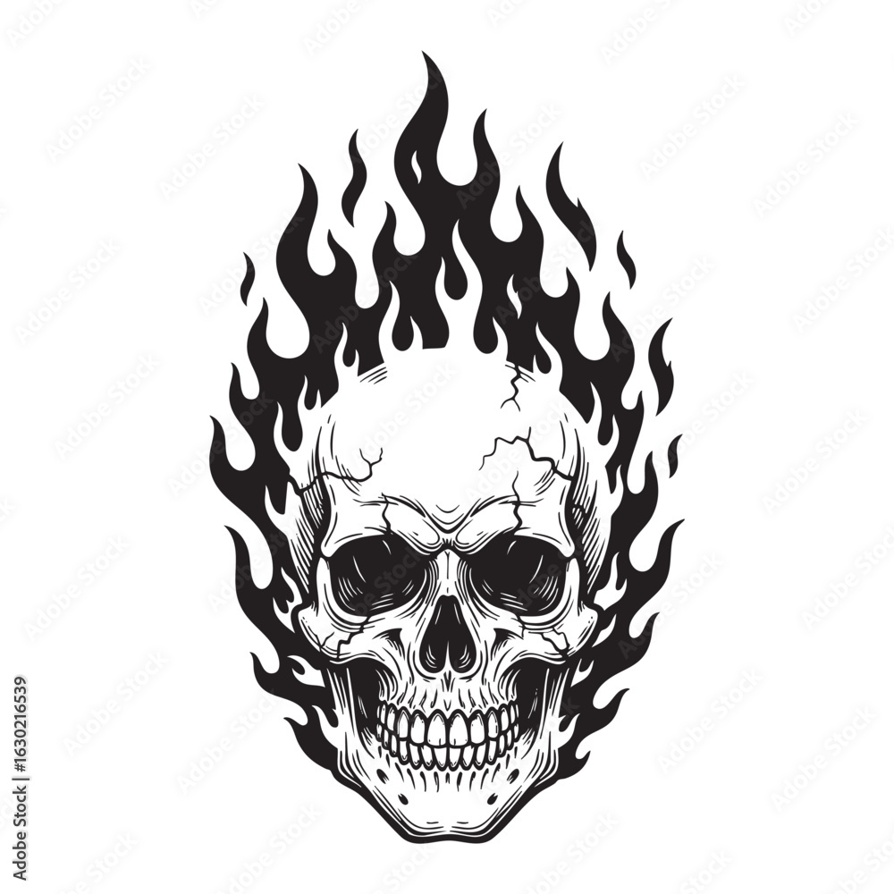 Fototapeta premium Skull in fire engraving woodcut vector illustration