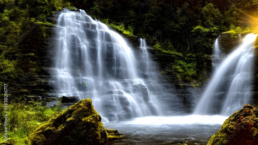 Obraz premium A beautiful natural waterfall cascades down mossy rocks in a green forest landscape
