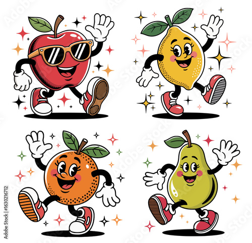 Funny cheerful fruits in retro style. Comic mascot of apple, pear, lemon, orange with a joyful smile, face, legs and arms. Cartoon characters in vector.