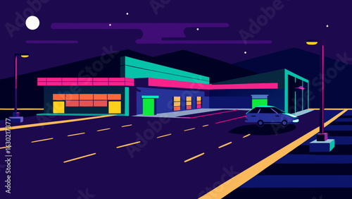 nighttime parking supermarket neon lights