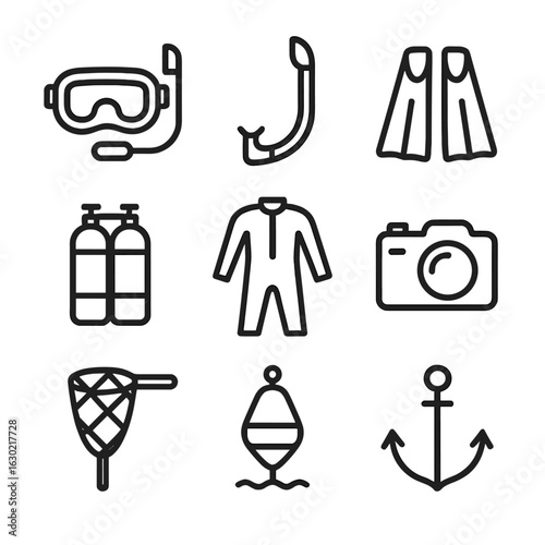 Marine Equipment Icons. Outline icon set of marine equipment: scuba mask, snorkel, flippers, diving tank, wetsuit, underwater