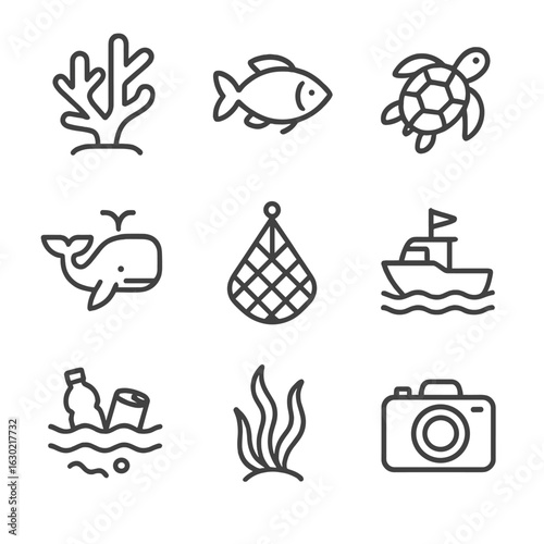Marine Conservation Icons. Outline icon set of marine conservation: coral, fish, turtle, whale, net, boat, pollution, algae,