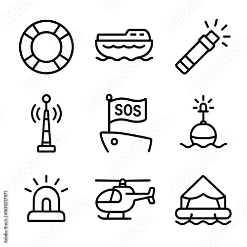Maritime SOS Icons. Outline icon set of maritime SOS: lifebuoy, lifeboat, marine flare, radio beacon, SOS flag on ship, distress