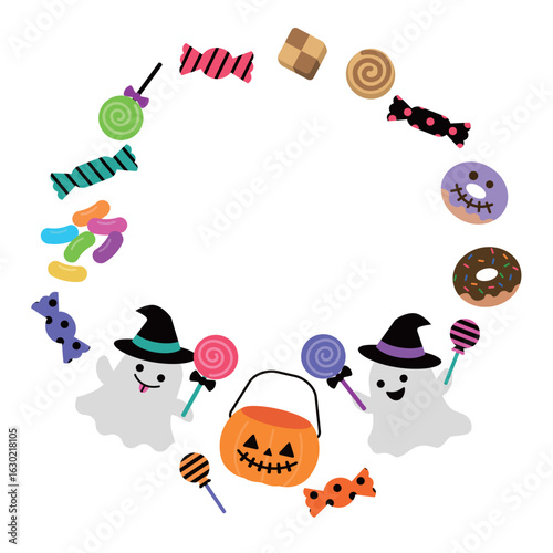 ハロウィンのお菓子とおばけの可愛いフレーム　トリックオアトリート