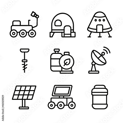 Mars Mission Icons. Outline icon set of Mars mission equipment: Mars rover, habitat module, landing capsule, surface drill, oxygen