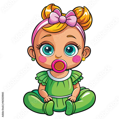 Whimsical cartoon baby girl with bright green eyes and playful elements