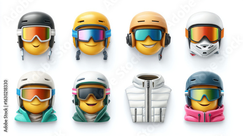 Winter Sports Emoji Avatar Icons, Colorful Ski Gear, Smiling Faces