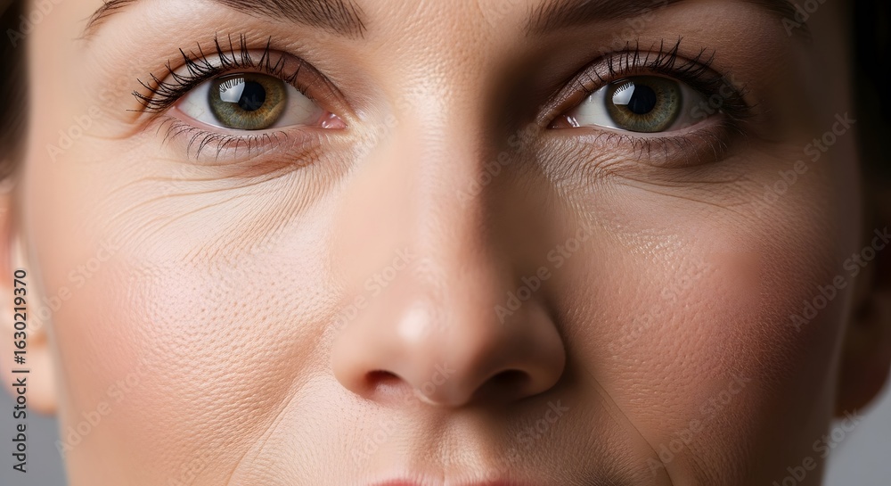 Fototapeta premium Close-up of a woman's face, highlighting skin texture and subtle details. Neutral background.