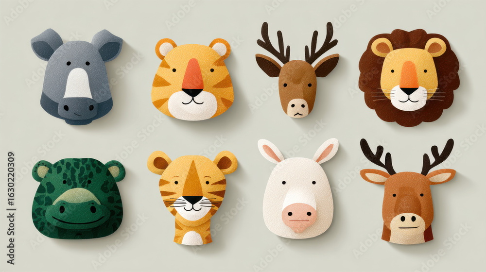 Fototapeta premium Cute Animal Head Icons: Rhino, Tiger, Deer, Lion, Bear, Rabbit, Pig