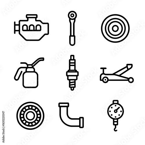 Mechanical Icons Set. Outline icon set of mechanical labor: engine block, torque wrench, pulley, oil can, spark plug, hydraulic