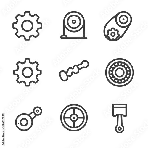 Mechanical Components Icons. Outline icon set of mechanical components: gear, pulley, belt drive, sprocket, camshaft, bearing,