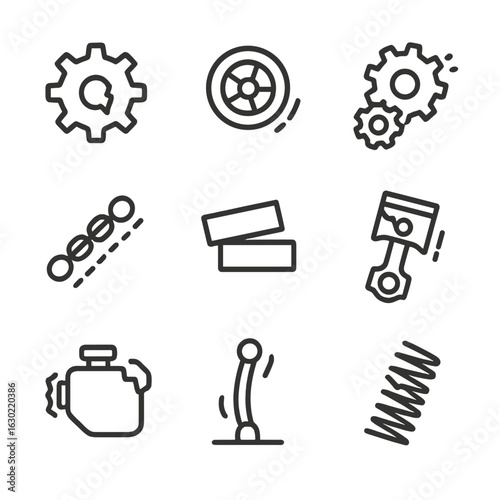 Mechanical Imbalance Icons. Outline icon set of mechanical imbalance: broken gear, tilted wheel, uneven cogs, slipping chain,