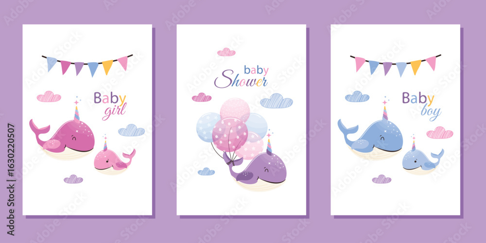 Fototapeta premium Set of templates for invitations and birthday cards. Newborn boy and girl. Baby shower. Cute vector design with funny dolphins and a unicorn horn.