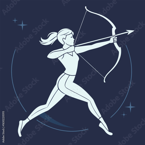 Silhouette of a female archer aiming with a bow and arrow