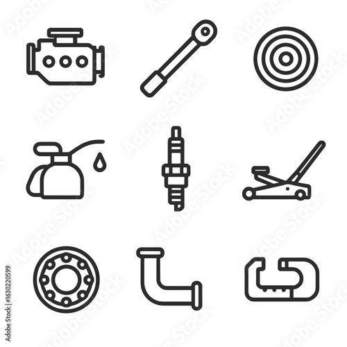 Mechanical Icons Set. Outline icon set of mechanical labor: engine block, torque wrench, pulley, oil can, spark plug, hydraulic