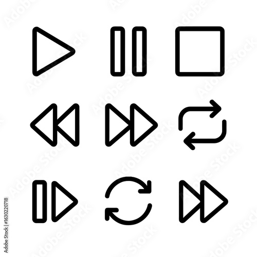 Media Playback Icons. Outline icon set of media playback controls: play button, pause button, stop button, rewind icon,