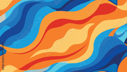 Art of abstract wavy pattern with smooth curves in blue, orange, and yellow, evoking a sense of fluid motion and vibrant energy