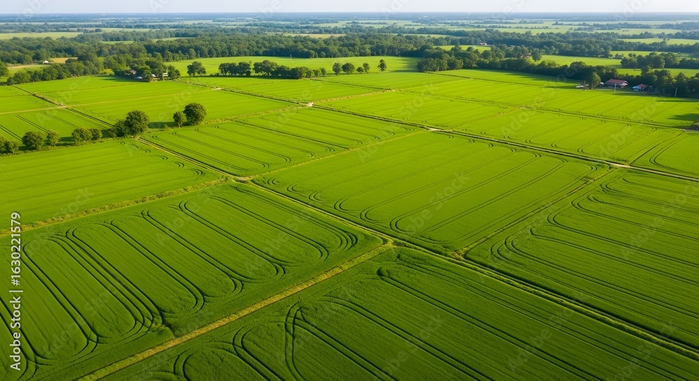 Fototapeta premium Expansive Green Farmland Aerial View with Patterned Fields, Showcasing Sustainable Agriculture and the Beauty of Rural Landscapes in Sunlight