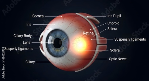 Detailed 3D Human Eye Anatomy Illustration with Labeled Parts and Glowing Retina, Highlighting Vision and Medical Science