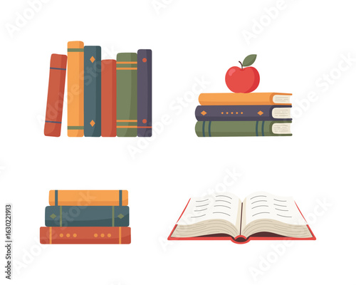 Set of books. Colorful book collection on white background. Vector illustration