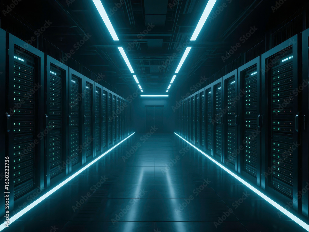 Fototapeta premium Server Room with Neon Lighting and Symmetrical Layout
