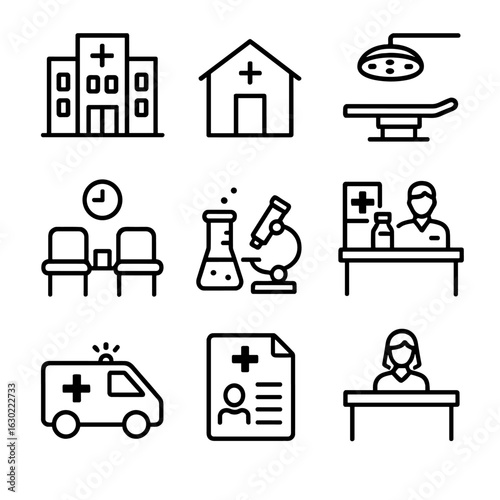 Medical Icon Set. Outline icon set of doctor environment: hospital building, clinic, operating room, waiting room, medical