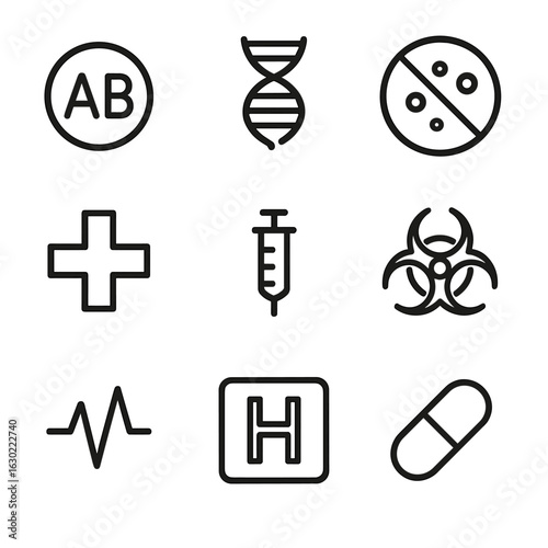 Medical Icon Set. Outline icon set of biological and medical marks: blood type symbol, DNA strand, allergy sign, medical cross,