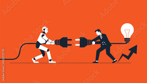 Human and robot connecting power plugs symbolizing collaboration and innovation for a bright future